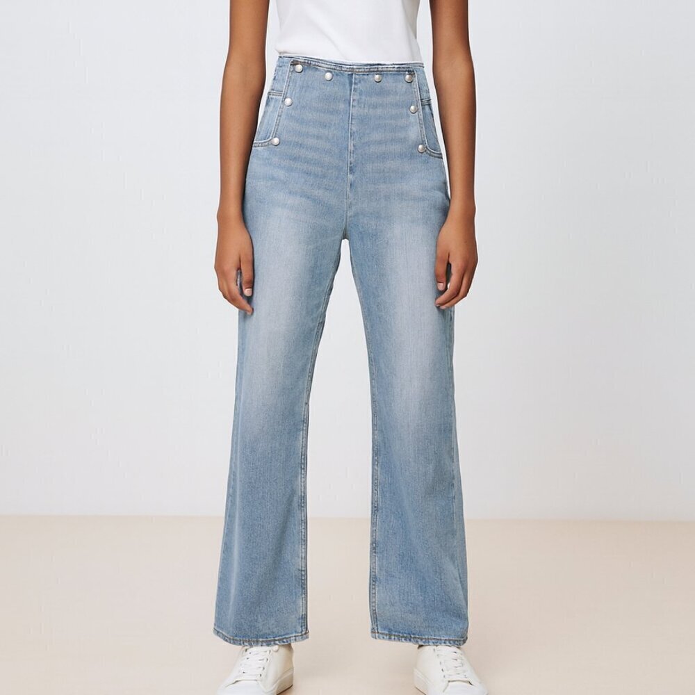 Zara Basic High Waist Wide Leg Denim Sailor Pearl Snap Jeans Sz 2